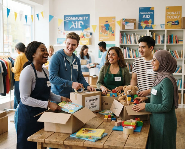 Volunteers packing community care packages